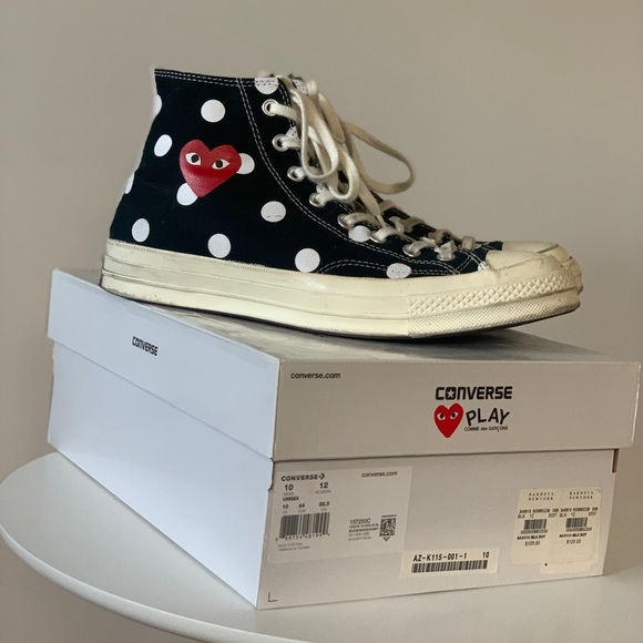 CDG PLAY Hi-top Black w/ White Polka Dots Converse Size 10 - Picture 2 of 11